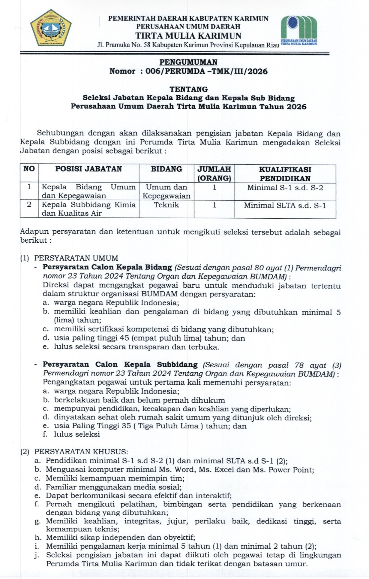 Perumda Tirta Mulia Karimun resmi membuka lowongan kerja untuk dua posisi strategis yang diharapkan dapat memperkuat pelayanan air bersih. Pendaftaran dibuka sejak tanggal 2 hingga 5 Maret 2026.(Foto: Istimewa)