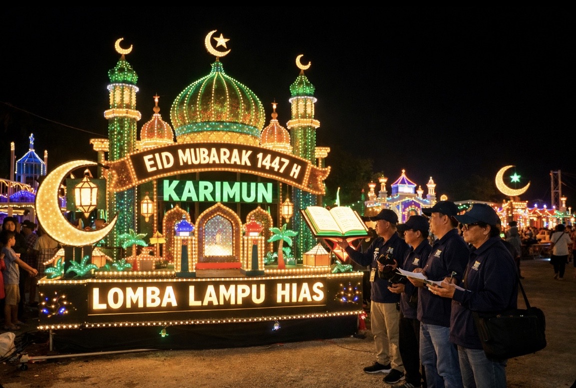 Penilaian Lomba Festival Lampu Hias Eid Mubarak 1447 Hijriah di Kabupaten Karimun resmi dimulai sejak 8 Maret 2026. Kegiatan tersebut menjadi salah satu tradisi tahunan yang selalu dinanti masyarakat untuk memeriahkan bulan Ramadan sekaligus menyambut Hari Raya Idul Fitri.(Foto: Istimewa)
