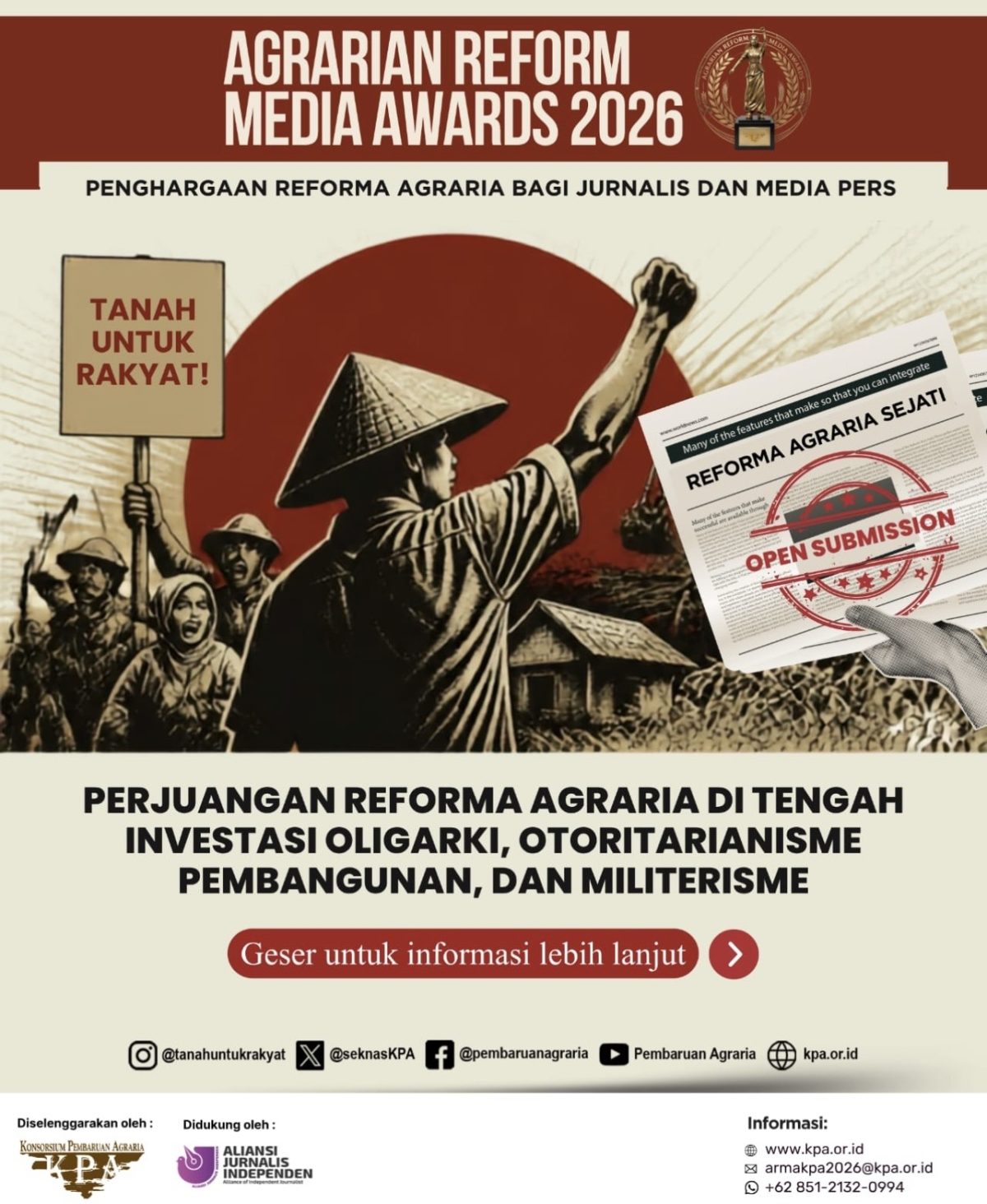 Sebagai bentuk apresiasi bagi insan pers yang konsisten menyuarakan isu pertanahan, Konsorsium Pembaruan Agraria (KPA) kembali menggelar Agrarian Reform Media Awards (ARMA) 2026. Ajang ini menjadi bagian dari Musyawarah Nasional IX KPA sekaligus peringatan Hari Tani Nasional 2026 untuk mendorong lahirnya karya jurnalistik yang independen dan berpihak pada rakyat.(Foto: Istimewa)